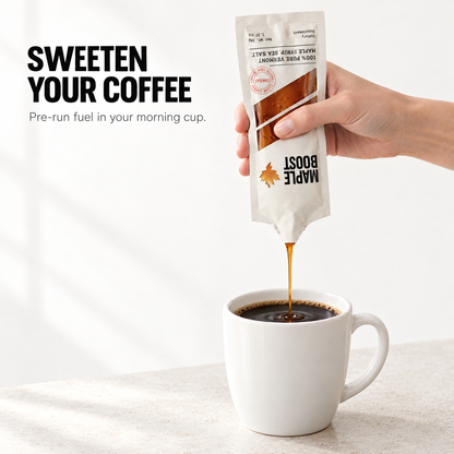 Sweeten your coffee: Maple Boost poured into a morning cup as pre-run fuel.