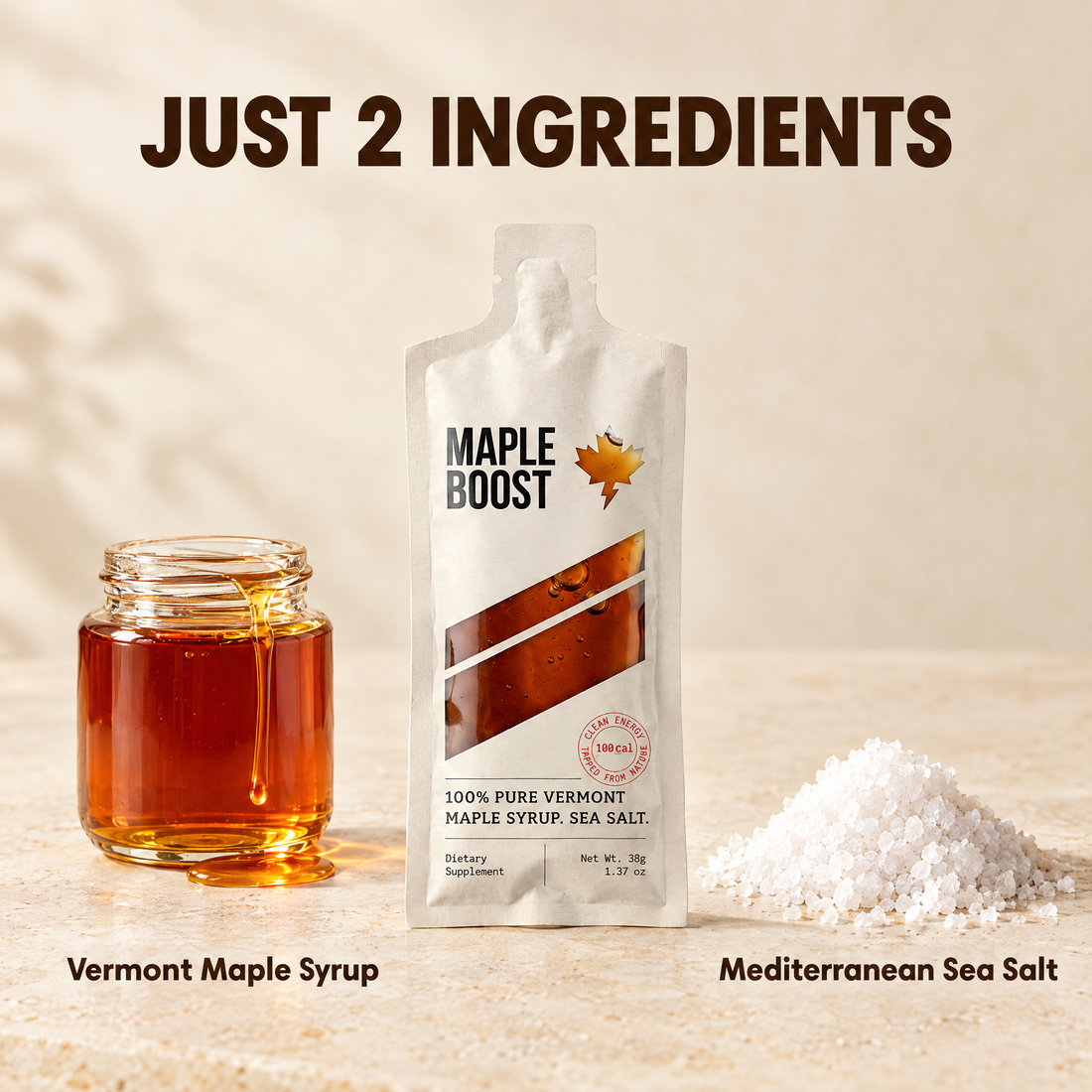 Just 2 ingredients: 100% organic Vermont maple syrup and Mediterranean sea salt.